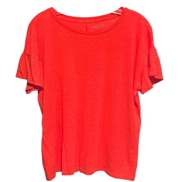 Women's LOFT Top 100% Linen T-Shirt Short Flutter Sleeves Red/Orange Summer - Picture 1 of 7